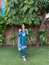 Teal Blue Embroidered 3-Piece Cotton Suit by AttirePret - Brands Kahani